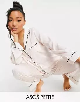 Розовая атласная рубашка с длинным рукавом и брюки ASOS DESIGN Petite