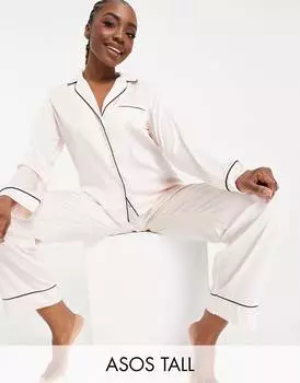 Розовая атласная рубашка с длинным рукавом и брюки ASOS DESIGN Tall