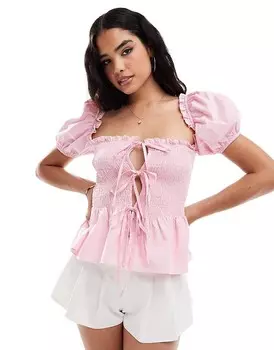 Розовая блузка из поплина со сборками и объемными рукавами ASOS DESIGN