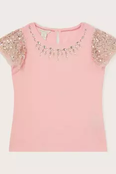 Розовая блузка с рукавами украшенными пайетками Monsoon, розовый