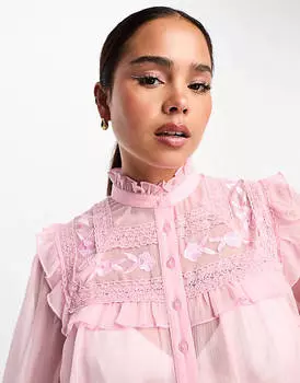 Розовая блузка викторианского цвета с вышивкой на кокетке Miss Selfridge