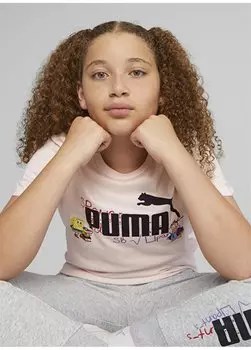 Розовая детская однотонная футболка с круглым вырезом и короткими рукавами 62221224 Футболка PUMA X SPONGEBOB Puma, розовый