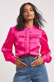 Розовая фактурная блузка с розовым атласным воротником сзади JD Williams, розовый