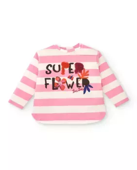 Розовая футболка для девочки с полосками и надписью спереди Tuc tuc