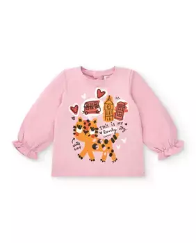 Розовая футболка для девочки с принтом города и котенка Tuc tuc