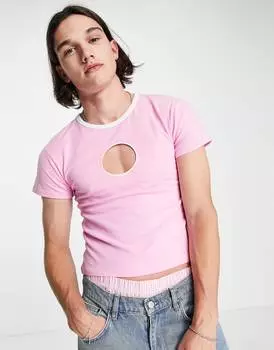 Розовая футболка с круглым вырезом и круглым вырезом на груди ASOS DESIGN