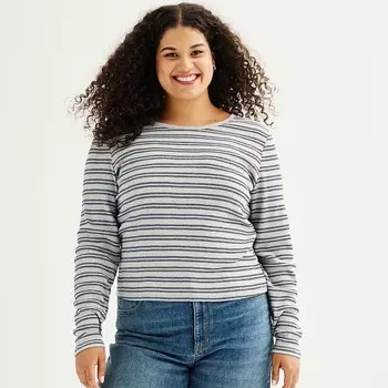 Розовая футболка в рубчик с длинными рукавами для подростков больших размеров розового цвета Pink Rose, цвет Grey Blue Stripe