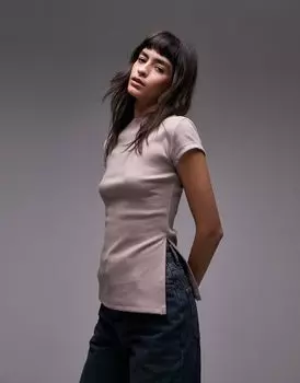 Розовая футболка в рубчик с высоким воротником и разрезом по бокам Topshop