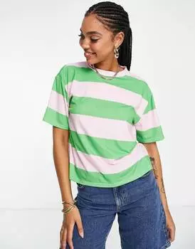Розовая и зеленая полосатая футболка свободного кроя ASOS DESIGN