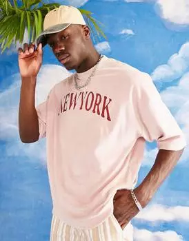 Розовая махровая футболка оверсайз ASOS DESIGN с вышивкой New York City