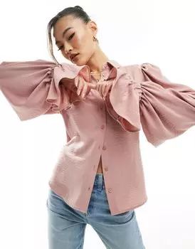 Розовая мягкая рубашка с объемными рукавами и рюшами на манжетах ASOS DESIGN