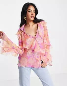 Розовая пастельная блуза с рюшами и пуговицами по краю ASOS DESIGN