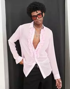 Розовая прозрачная рубашка классического кроя с рюшами ASOS DESIGN