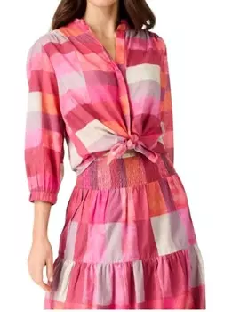 Розовая разноцветная хлопковая рубашка для подружки в шотландскую клетку Sunset NIC+ZOE