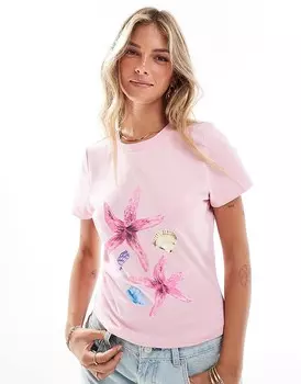 Розовая укороченная футболка с морскими звездами и ракушками ASOS DESIGN