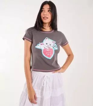 Розовая ванильная темно-серая мини-футболка с принтом котенка Pink Vanilla, темно-серый