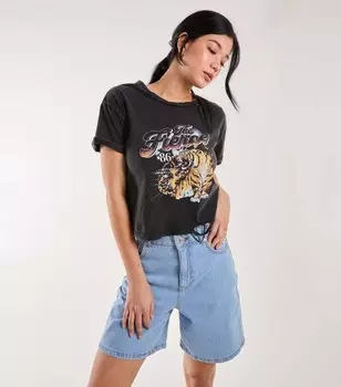 Розовая ванильно-черная хлопковая футболка с тигровым принтом кислотной стирки Pink Vanilla, черный