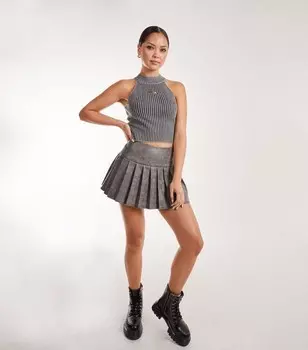 Розовая ваниль Темно-серая мини-юбка со складками Pink Vanilla, черный