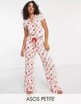 Розовая вискозная рубашка и брюки-пижама ASOS DESIGN Petite Barbie x Hello Kitty