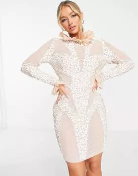 Розово-белое мини-платье из контурной сетки с рюшами и рукавами ASOS LUXE