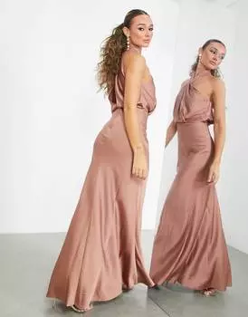 Розово-коричное атласное платье макси с рюшами на шее ASOS EDITION