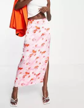Розово-красная атласная юбка миди с разрезами по бокам Topshop
