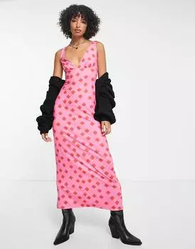 Розово-красное платье макси без рукавов с v-образным вырезом ASOS DESIGN