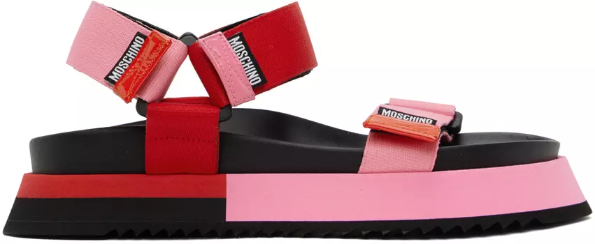 Розово-красные босоножки с логотипом Moschino