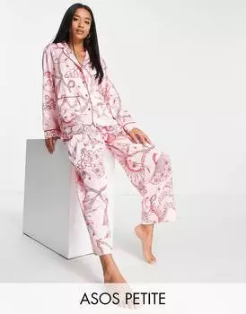 Розово-красный комплект из атласной рубашки и брюк в стиле барокко ASOS DESIGN Petite