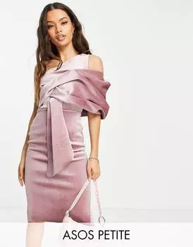 Розово-розовое бархатное платье-карандаш миди с защипами на плечах ASOS DESIGN Petite