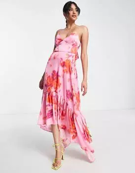 Розовое асимметричное платье-комбинация миди с размытым цветочным принтом Topshop