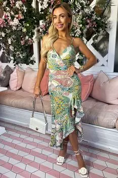 Розовое асимметричное платье миди с рюшами узором пейсли и вырезом на плечах Ax Paris, зеленый