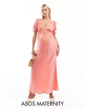 Розовое атласное чайное платье миди с вышивкой персикового цвета ASOS DESIGN Maternity
