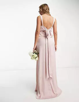 Розовое атласное драпированное платье макси с бантом на спине ASOS DESIGN Bridesmaid