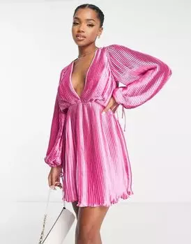 Розовое атласное мини-платье ASOS с плиссированной деталью, глубоким вырезом и рукавами-блузонами