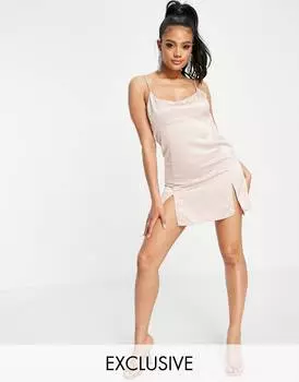 Розовое атласное мини-платье на бретельках с квадратным вырезом ASYOU и разрезом спереди