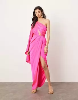 Розовое атласное платье макси с расклешенными рукавами и рюшами на талии ASOS EDITION