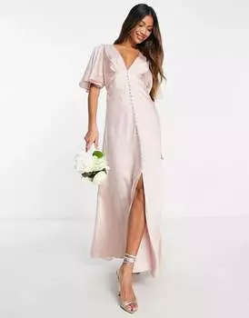 Розовое атласное платье макси с рукавами-накидкой и пуговицами ASOS Bridesmaid