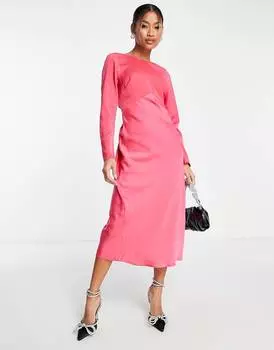 Розовое атласное платье миди с длинными рукавами и кулиской сзади ASOS DESIGN