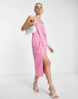 Розовое атласное платье миди с драпировкой и ремешками на спине ASOS DESIGN