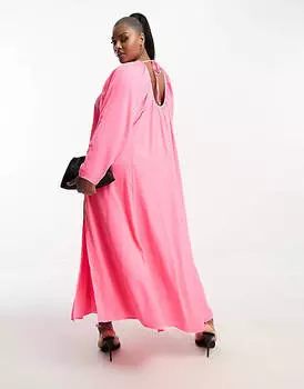 Розовое атласное платье миди с объемными рукавами ASOS DESIGN Curve