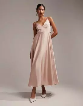 Розовое атласное платье миди с завязкой на спине ASOS Bridesmaid