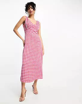 Розовое атласное платье миди в шахматном порядке YAS