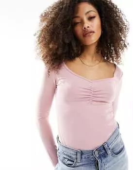 Розовое боди со сборками и квадратным вырезом и длинными рукавами ASOS DESIGN