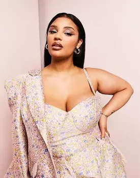 Розовое бюстье с цветочным принтом и чашками ASOS LUXE Curve