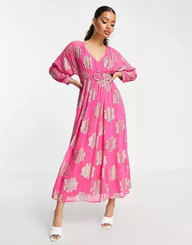 Розовое чайное платье макси с крыльями летучей мыши ASOS DESIGN Petite с поясом и жаккардовым эффектом металлик
