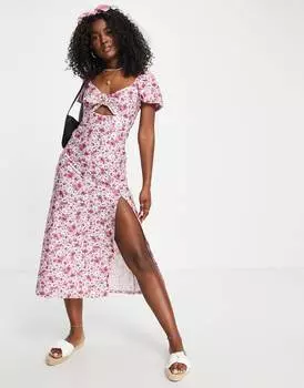 Розовое чайное платье миди с текстурированным вырезом спереди Miss Selfridge и цветочным принтом Miss Selfridge