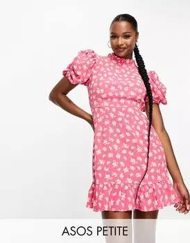 Розовое чайное платье мини с пышными рукавами и воротником-корочкой ASOS DESIGN Petite