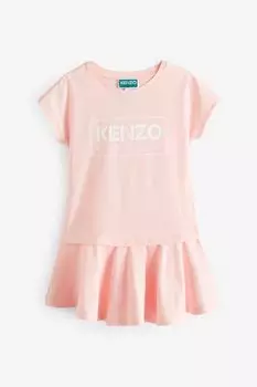 Розовое детское платье Kenzo с короткими рукавами рюшами и логотипом Парижа Kenzo Kids, розовый