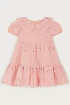 Розовое детское платье с английской вышивкой и складками Monsoon, розовый